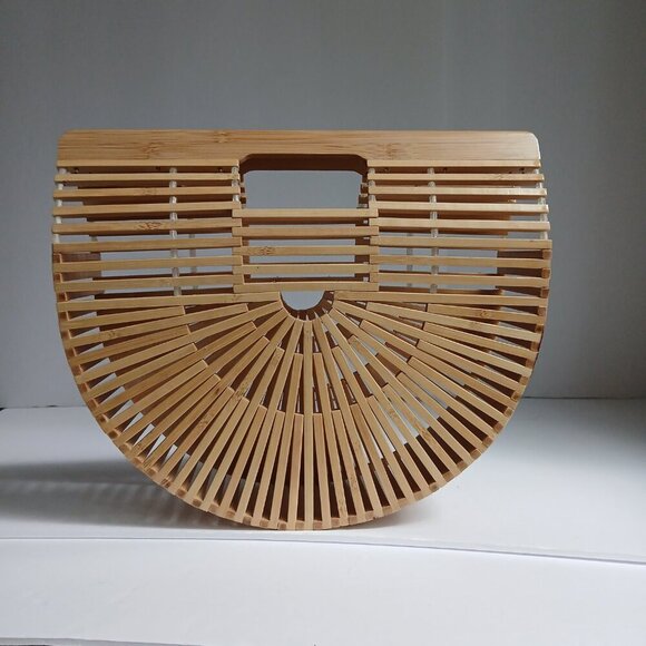 Woven Rattan Tan Bamboo Semi Circle Arc Satchel Bag - Picture 9 of 9